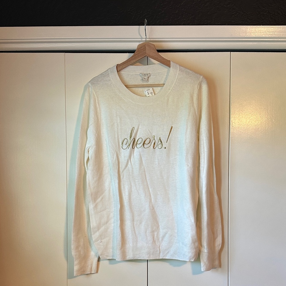 Banana Republic Cream Sweater with Gold 'Cheers!' Embroidery